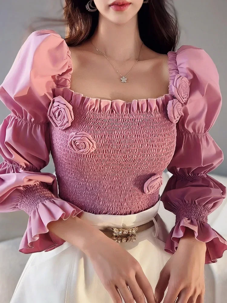 French Elegant Commuter Pink 3D Flower Ruffles Square Collar Long Flare Sleeve Elastic Pleated Slim Fit Short Shirt Top Women