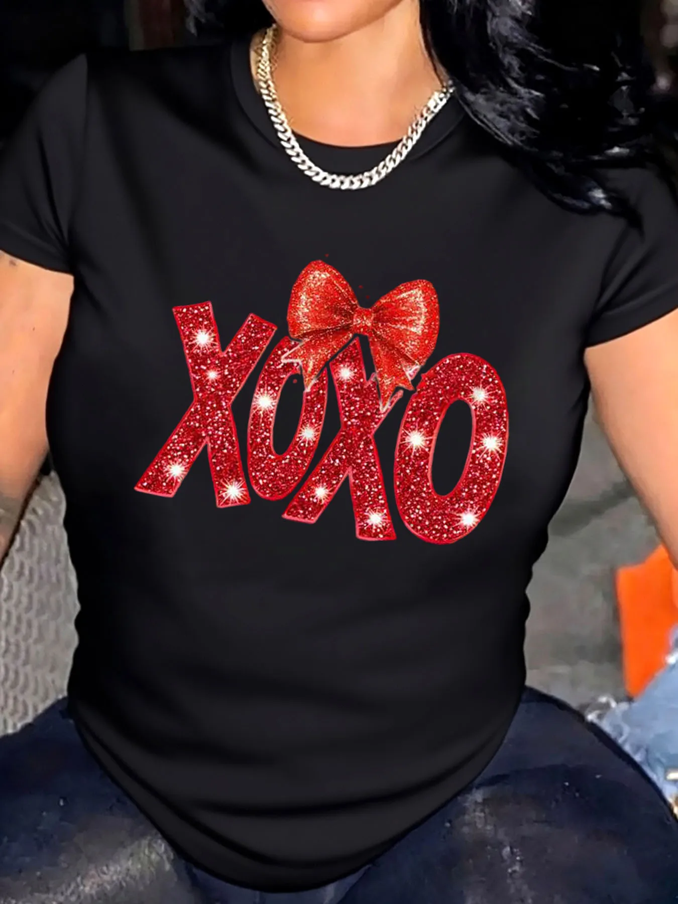 

Женская футболка больших размеров на день Святого Валентина Xoxo с блестящим бантом и принтом для верхней одежды