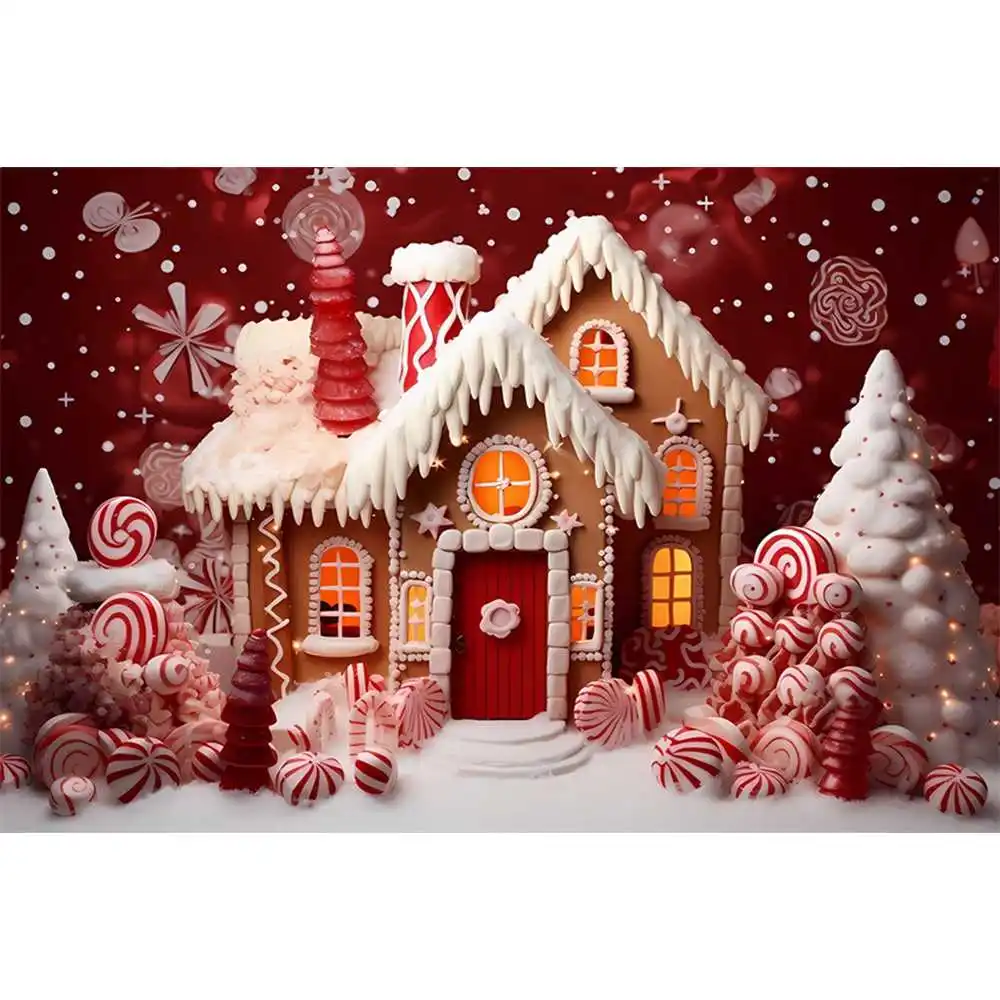 Christmas Gingerbread House Photography Backdrop Red Wall Snowflake Umbrella Candy Background Happy New Year Winter Kids Newborn