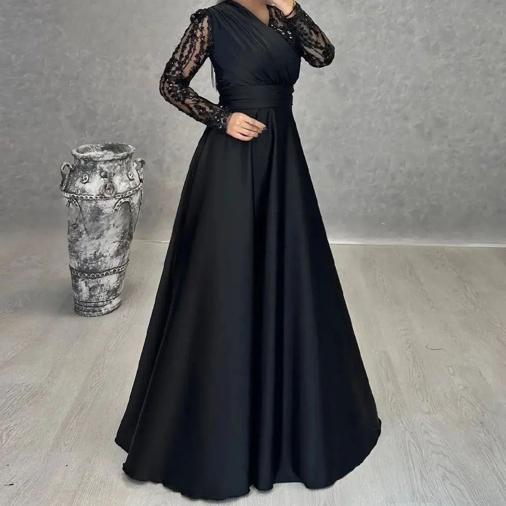 Long Sleeves V-Neck Satin Floor Length A-Line Evening Dress Sequined Zipper Back Temperament Photo Color Saudi Arabia 2024