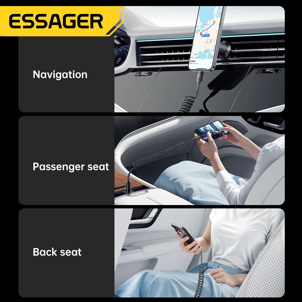 Car Spring Type-C Coiled Cable, Fast Charging for iPhone, Xiaomi, Samsung, Macbook, iPad 2