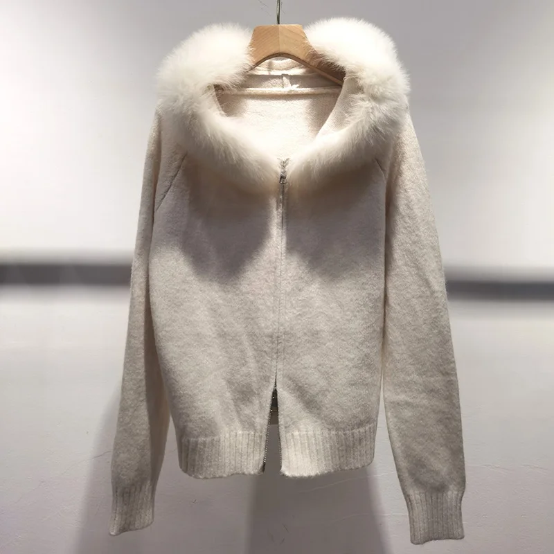 2024 nuovo Cardigan con cappuccio autunnale con vera pelliccia di volpe a righe Cardigan femminile a maniche lunghe con cerniera maglione causale con cappuccio