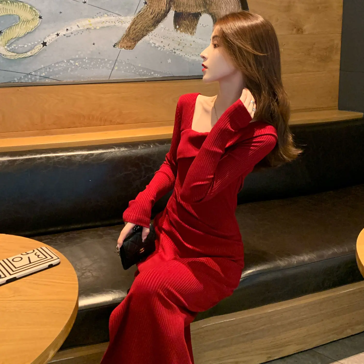 Long Sleeve Maxi Women\'s Knitted Sweater Dress Sexy Bodycon Female Knit Dresses for Fall and Winter Wrap Red Chic Elegant Midi