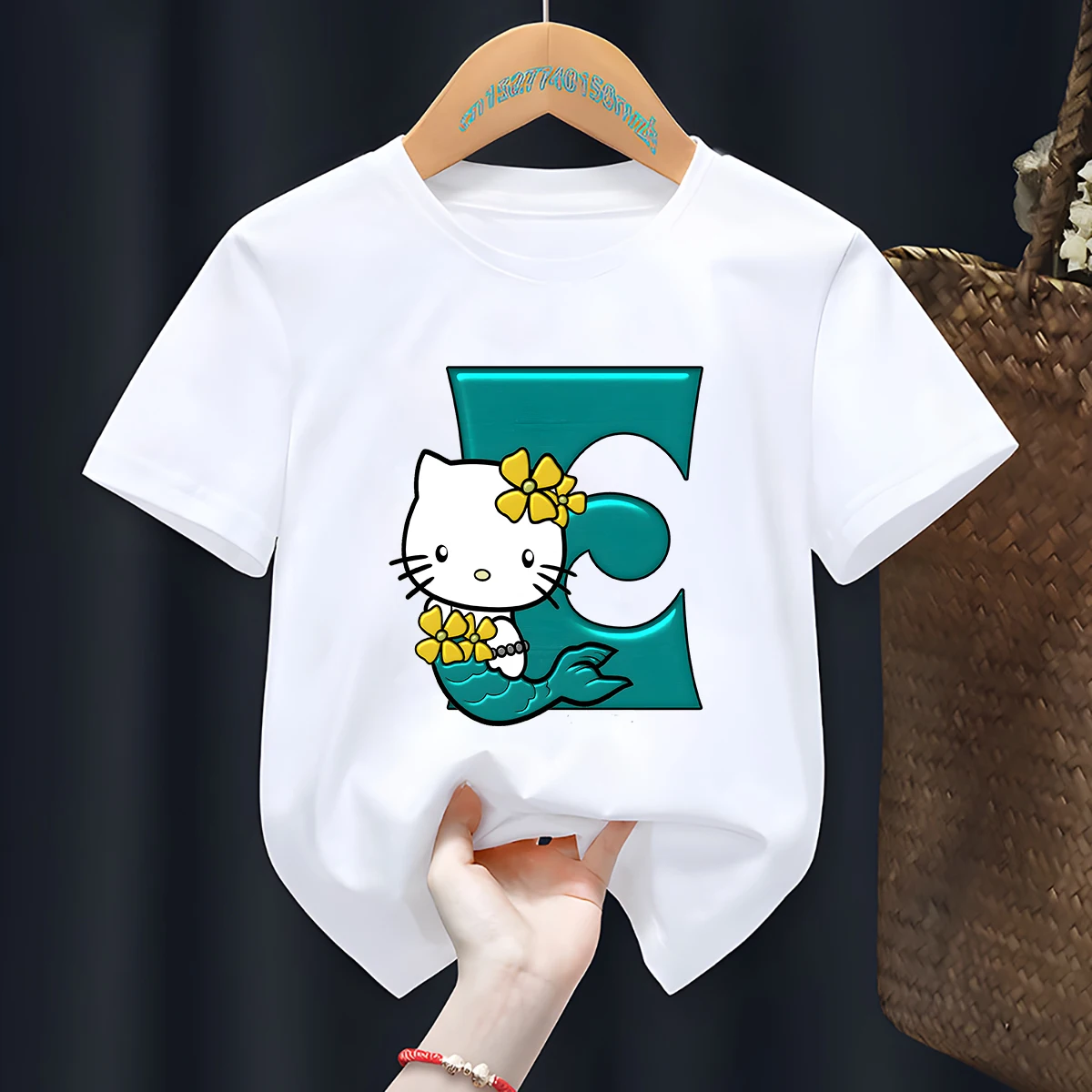 Hello Kitty A B C D Printed Children's T Shirt Girls Cute Cartoon Summer Short Sleeve Tops Cotton 2 to 8 Years Kids Clothing