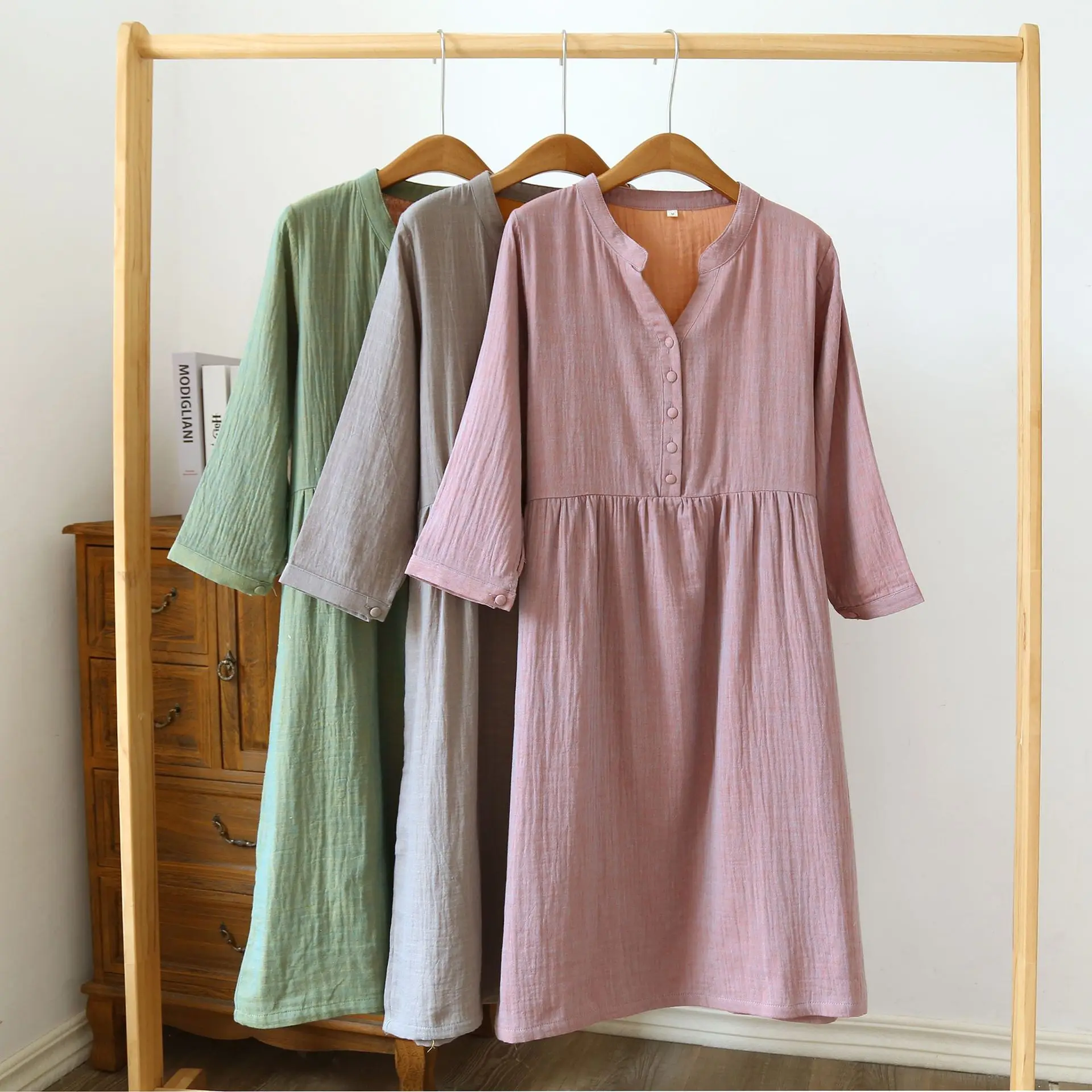 

Gauze Cotton Night Wears For Women Sleepwear Nighty Women's Summer Dress Solid Color V-Neck Nightwear Home Fashion