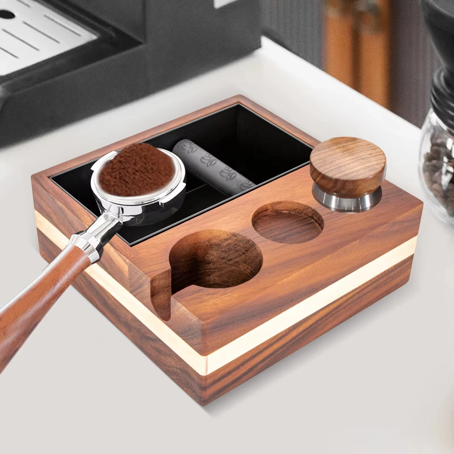 Wooden Espresso Knock Box Tamping Station Box 58mm Coffee Machine Accessories Coffee Knock Box Tamper Holder Saving Space Coffe