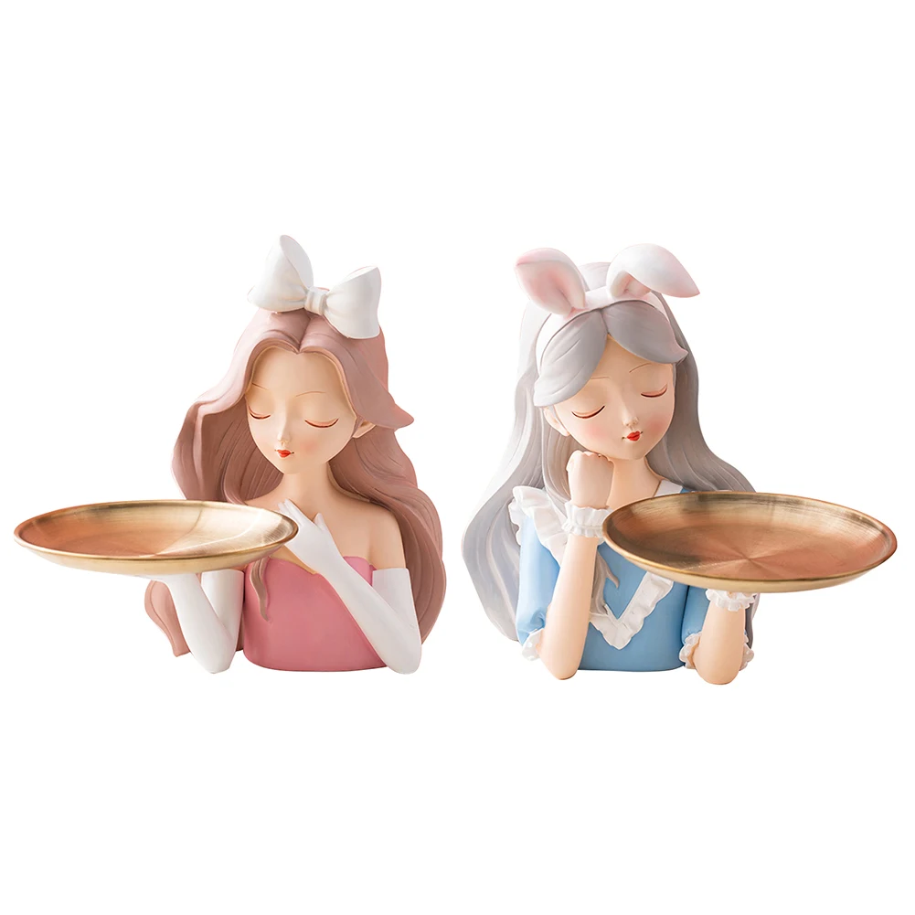 

Cute Girl Key Holder Figurine Entrance Crafts Resin Sculpture Decor Candy Sundries Household Supplies for Office Coffee Shop