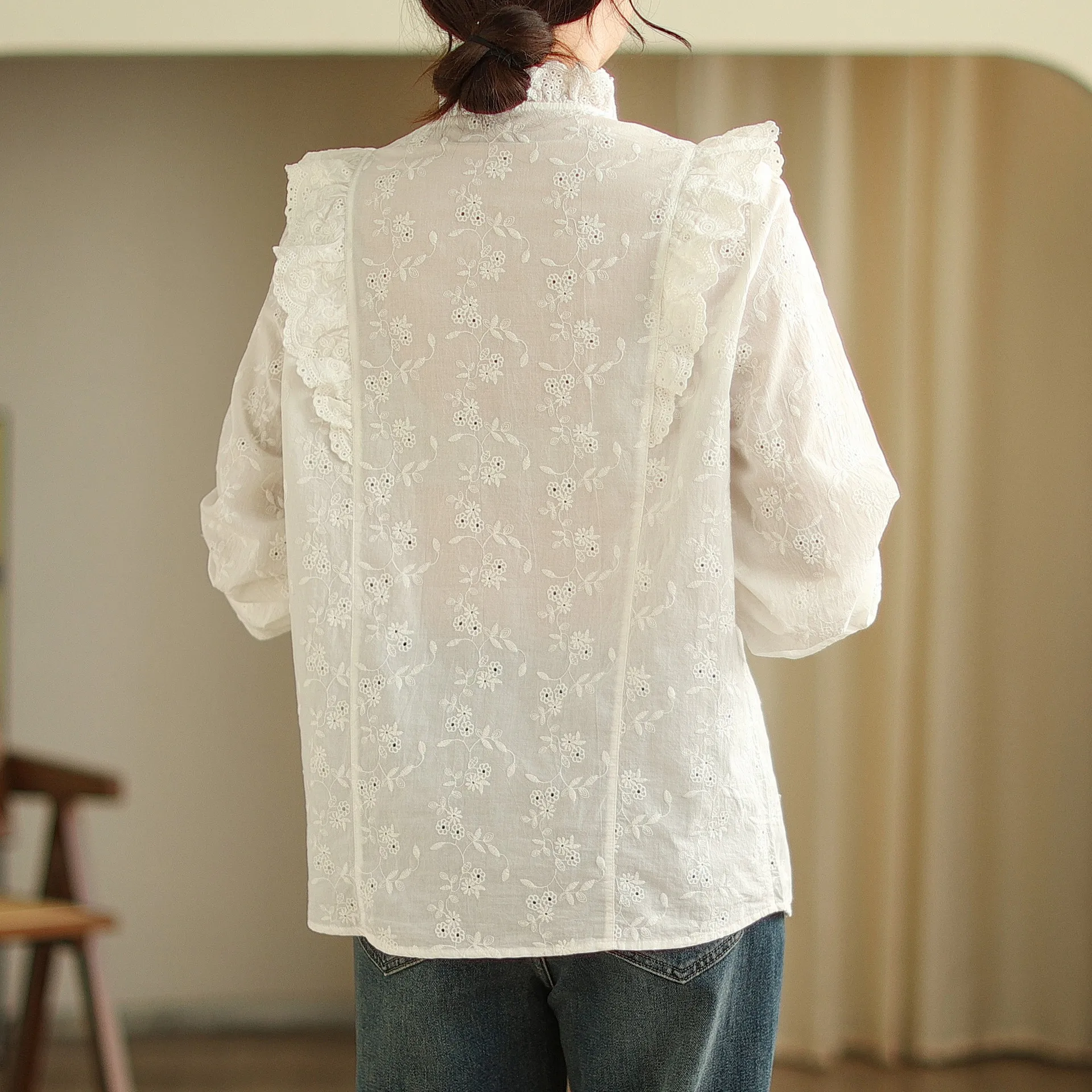 Japan Style Sweet Lolita Ruffles Embroidery Cotton Shirts Women Spring Summer Stand Collar Long Sleeve Casual Loose Blouse