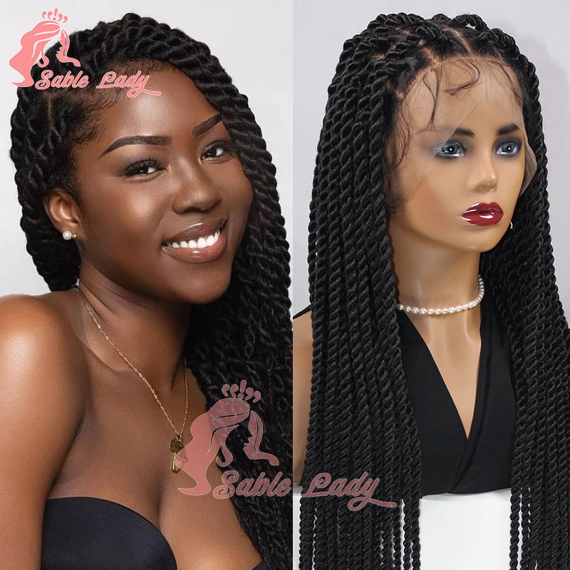 Peruca Sintética Full Lace Braid Goddess para mulheres negras, peruca de torção sem nós, tranças Jumbo Box, tranças senegalesas trançadas peruca, 36"