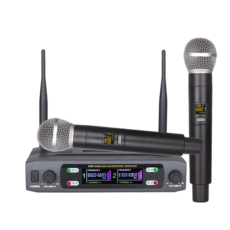 

Professional Wireless Microphone system Dual Channel UHF Fixed Frequency Cordless Handheld Dynamic Mic For Karaoke Party Church