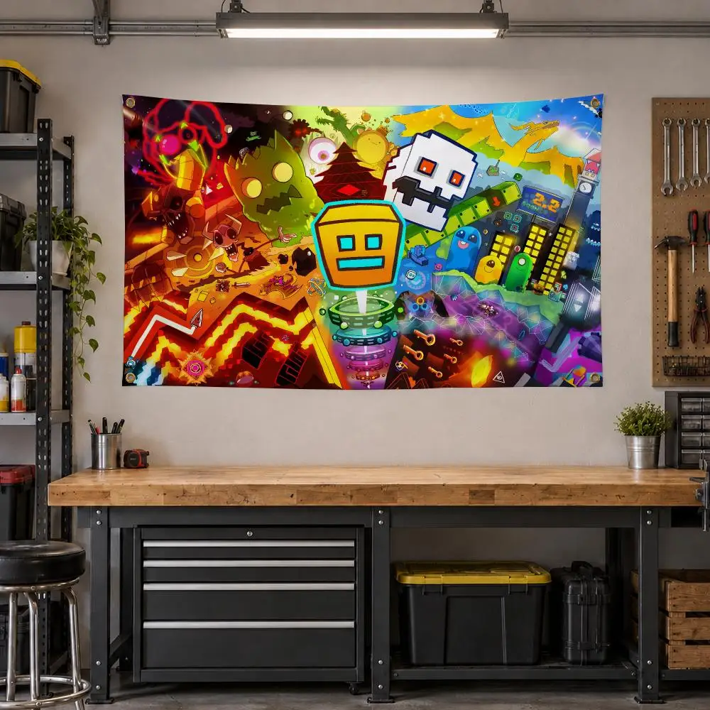 Game Geometry Dash Rhythm Flags Personalized Banner Flag Room Dorm Camping Picnic Garage Bar Outdoor Wall Decor