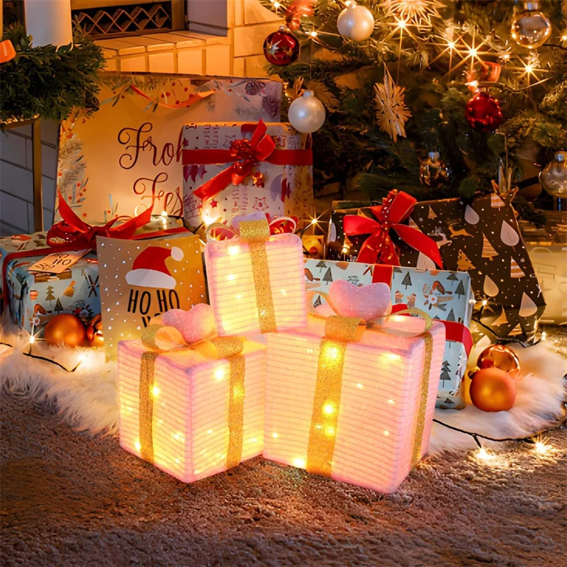 3Pcs/Set PVC Christmas Gift Box Set Luminous Folding Christmas Lighting Box with Bow Ribbon Christmas Glowing Decoration Outdoor