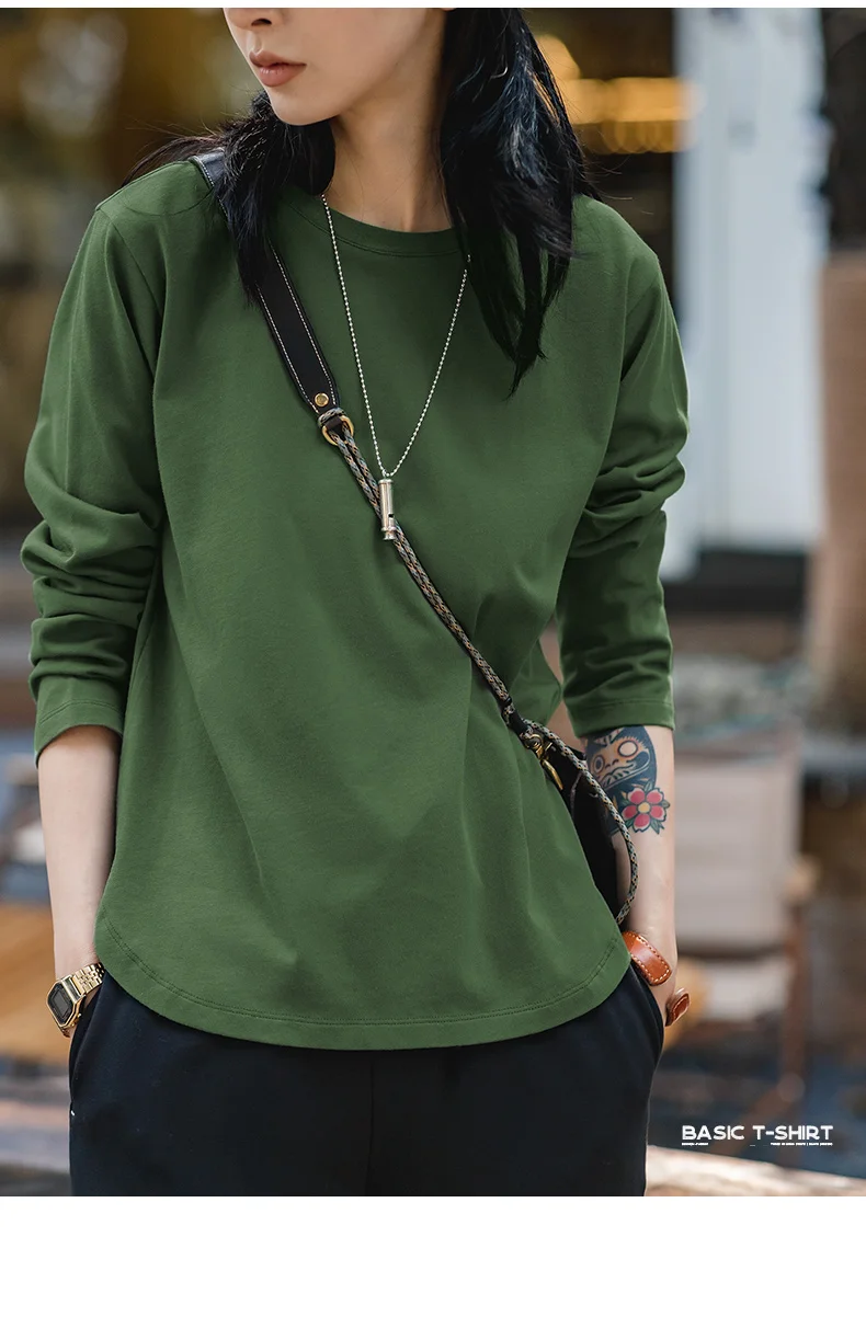 Maden Long Sleeve Basic T-Shirt for Women Round Collar Cotton Tops Loose Fit Solid Color Tees Oversized T-shirts