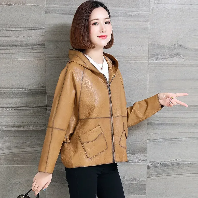 Genuine Sheepskin Leather Jacket Women 2024 Real Leather Coat Bat Sleeve Short Leather Jackets Hooded Loose Coats Chaquetas