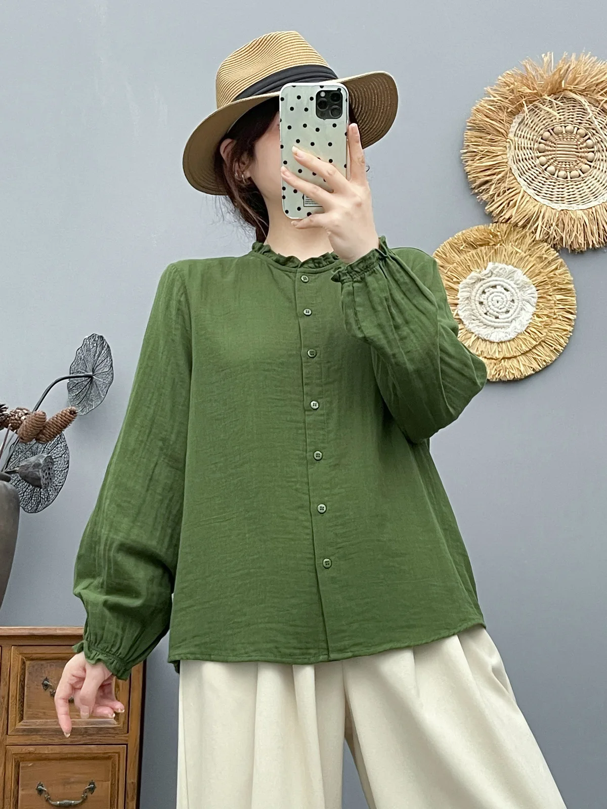 

Осенняя женская одежда Enianechu в японском стиле с воротником-стойкой, белые, розовые, синие, зеленые однотонные рубашки и блузки, шикарная женская блузка