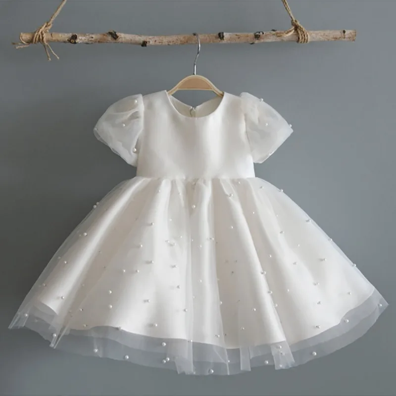 Flower Girl's Western Style Birthday White Puff Sleeve Dress Princess Girl's Spring, Summer, Autumn-Year-Old Wedding Dress