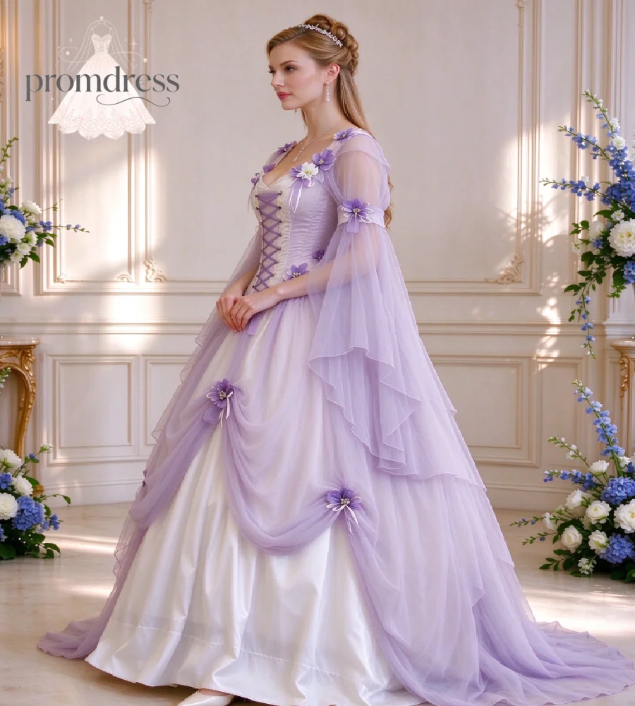 Lavender Rococo Celtic Prom Dress Flared Bell Long Sleeves 3D Purple Flower Draped Tulle Fairy Cinderella Evening Gowns Medieval - view 3