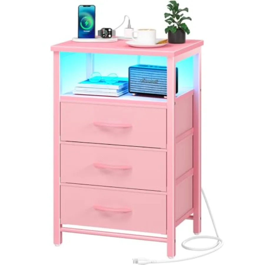 

Pink LED Nightstand with Charging Station USB Ports and Outlets 16 Colors End Table with 3 Fabric Drawers Storage Shelf Small D