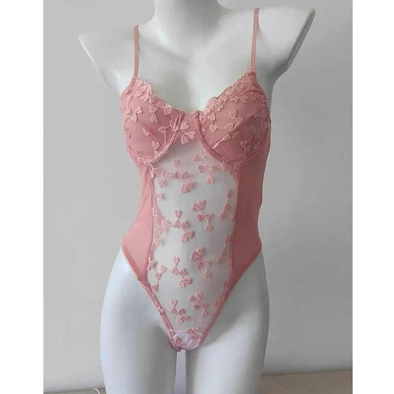Conjunto de lencería Sexy para mujer, ropa de dormir, sujetador, camiseta sin mangas, bordado de gasa roja rosa, ropa interior Sexy de encaje con cuello Halter, pelele, ropa para el hogar