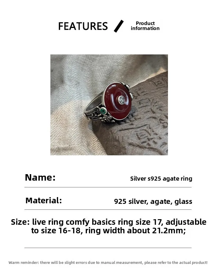 925 prata ágata fivela de segurança anel feminino retro novo estilo literário chinês e étnico jóias