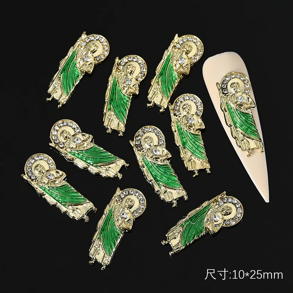 10szt San Judas 3D Nail Charms Green Silver Gold Virgin Mary Nail Art Rhinestones With Bling Diamond Metal Manicure Jewelry