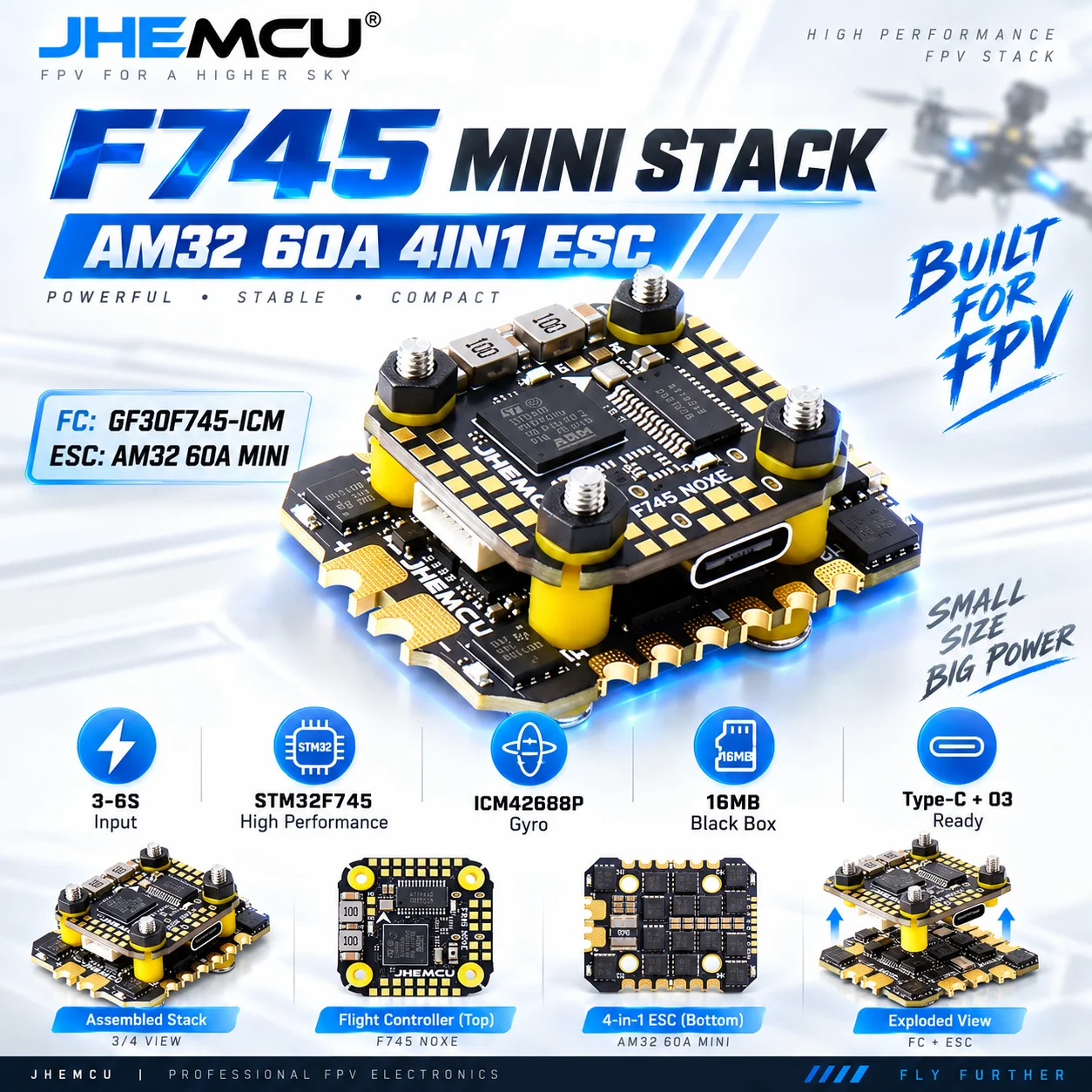 JHEMCU F745 FC Flight Controller AM32 4-in-1 60A ESC Stack/Flytower 3-6S Lipo for FPV Freestyle Racing Drone Quadcopter RC Model