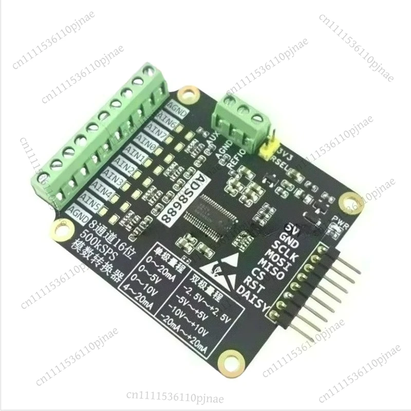 

1 модуль ADS8688, 8-канальный 16-битный модуль аналого-цифрового преобразования данных с частотой 500 кСГц, однополярное и биполярное измерение напряжения.