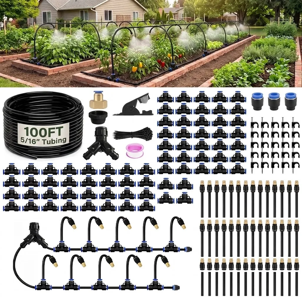 50 66 100FT 5 16 inch tubing brass faucet adapter mist drip off modes garden watering kit featuring sturdy brass nozzles water