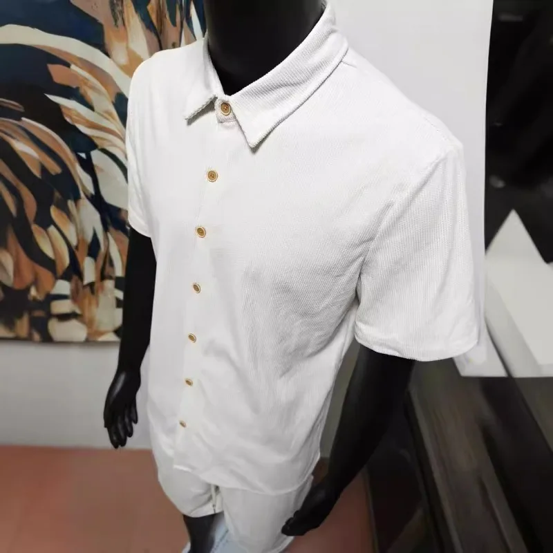 

Men's 2-Piece Corduroy Short Sleeve Shirt Shorts Set Summer Casual Loose Beach Outfit