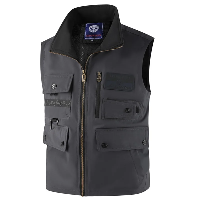 New Fashion Men Stand Collar Casual Vests Coats Sleeveless Jackets Quality Male Outwear Multi-pockets Waistcoats Vests Size 3XL