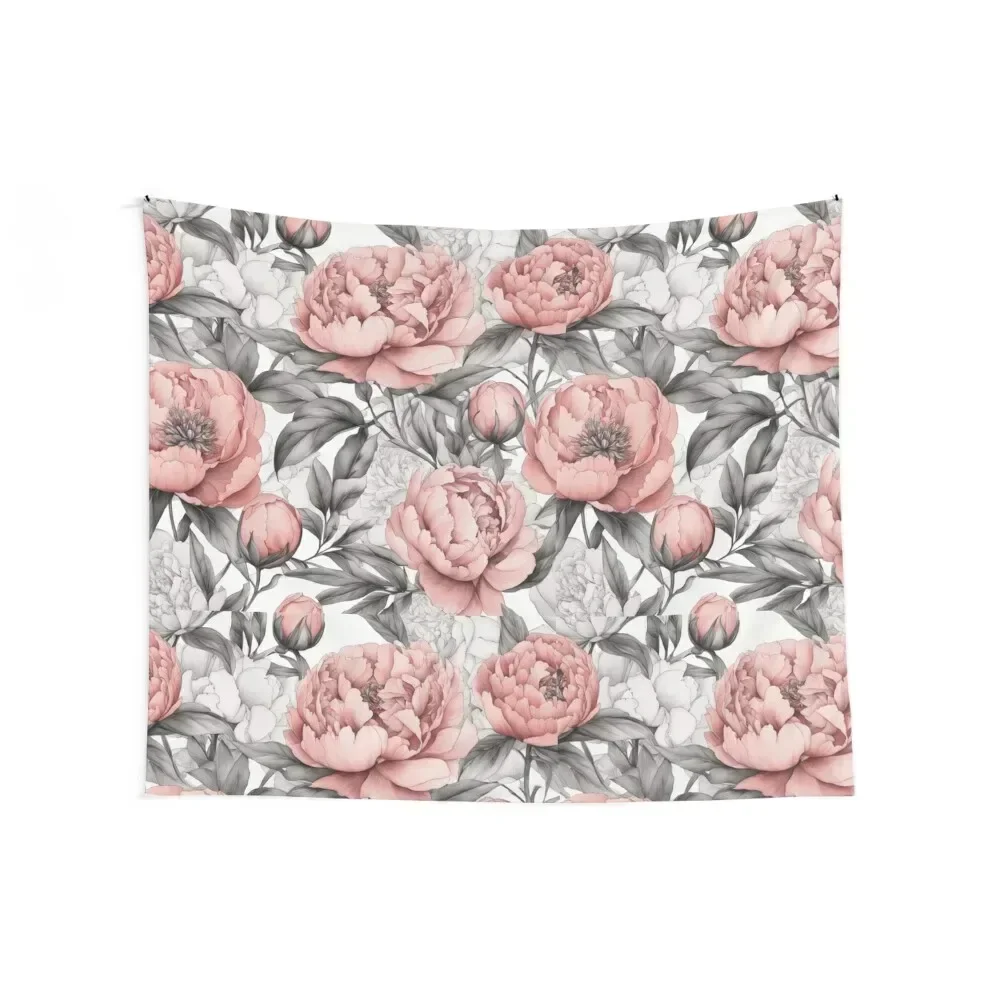 Peony Garden, pastel pink, gray, calm, minimalism. Tapestry Carpet On The Wall Wall Art Tapestry