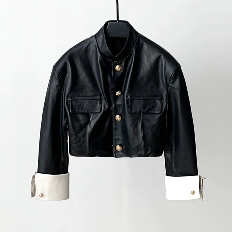 Mode Kurze Stehkragen Schaffell Jacke 2025, Herbst Frauen Manschette Nähte Farbe Einreiher Echt Leder Mäntel Streetwear