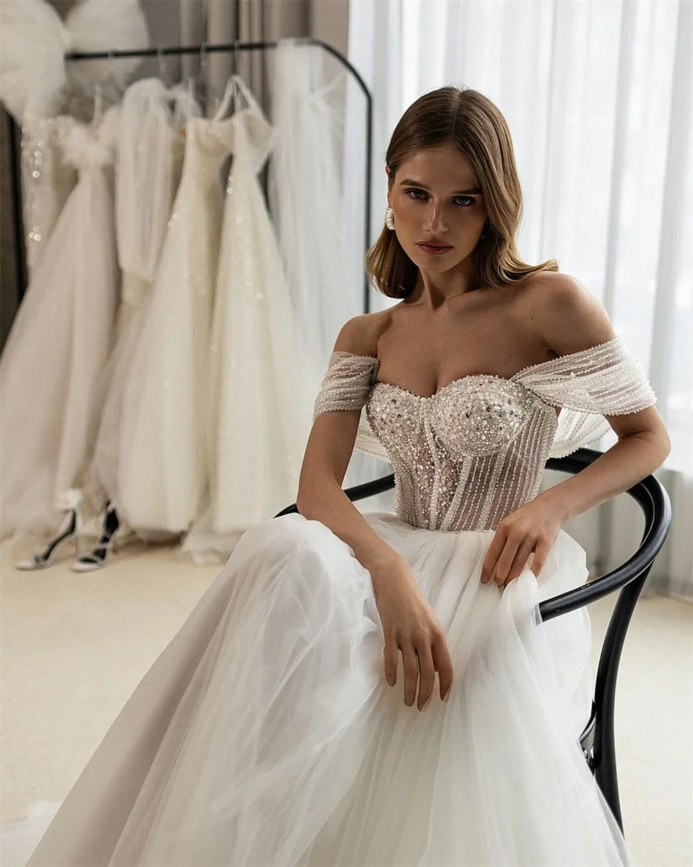 Robe de mariée Sexy, épaules dénudées, manches longues, chérie, perles scintillantes, personnalisée, élégante, ligne a