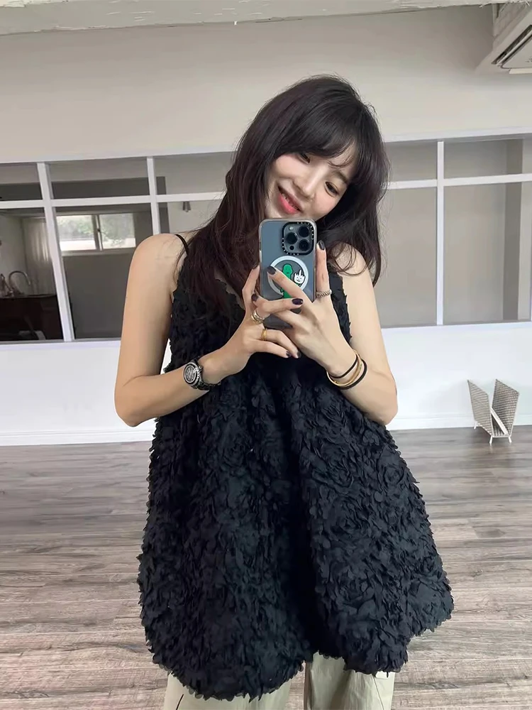 Vestido de Alça com Flores 3D de Alta Qualidade Liangliang, Novo Vestido de Verão Vintage Faionável com Camadas e Saia Curta