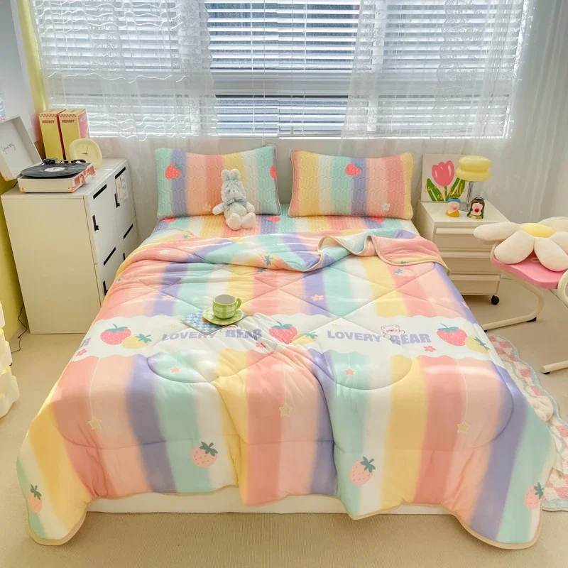 

Colorful Rainbow Thin Comforter Cute Strawberry Fluffy Cozy Printed Summer Quilts Cooling Bedding Quilting for Bedroom and Dorm