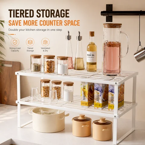 Carbon Steel Kitchen Countertop Storage Rack Stackable Cabinet Shelf Organizer for Bowls Plates Pots Spice Jars Bathroom Desktop