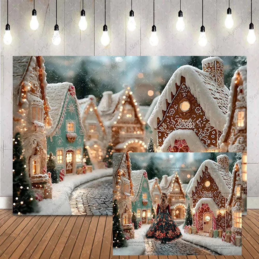 Fondo navideño de pan de jengibre: escena de invierno caprichosa de la casa de las galletas para sesión de fotos de niños y contenido festivo