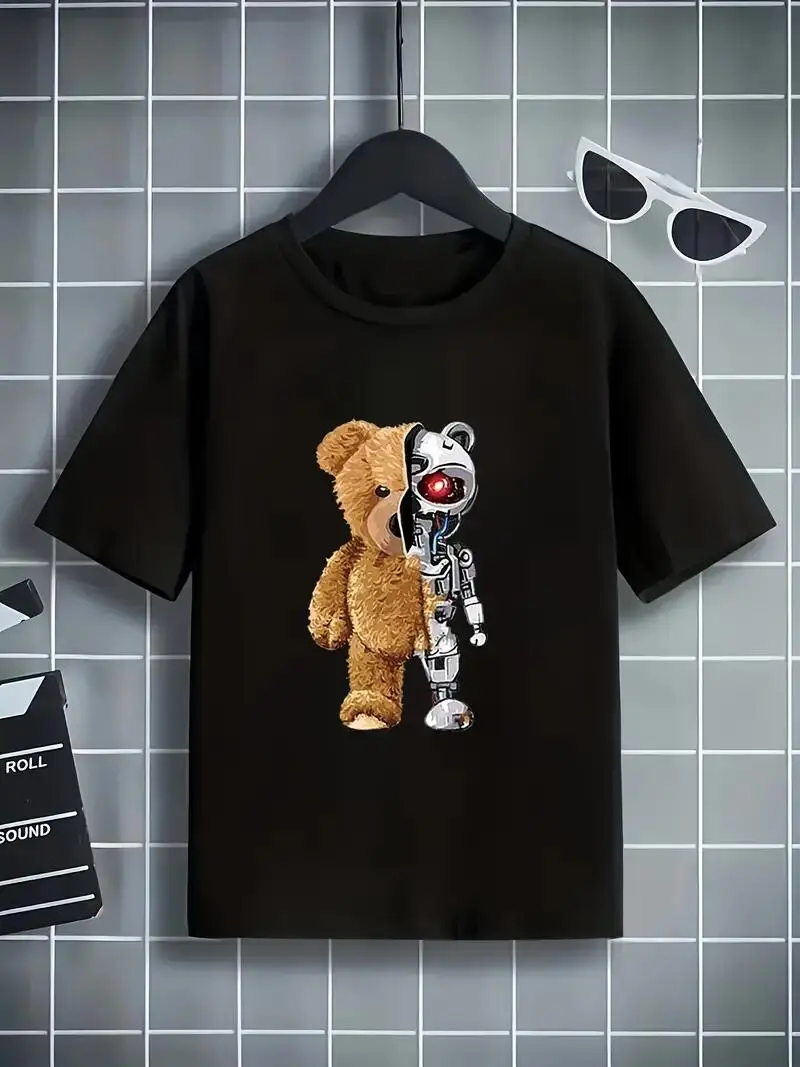 Bear and Robot Print Boys Creative Cotton T-shirt Casual Lightweight Comfy Short Sleeve Crew Neck Tee Tops Kids Clothings