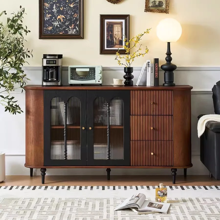 French retro solid wood dining side cabinet, household living room multi-functional partition storage cabinet, antique color