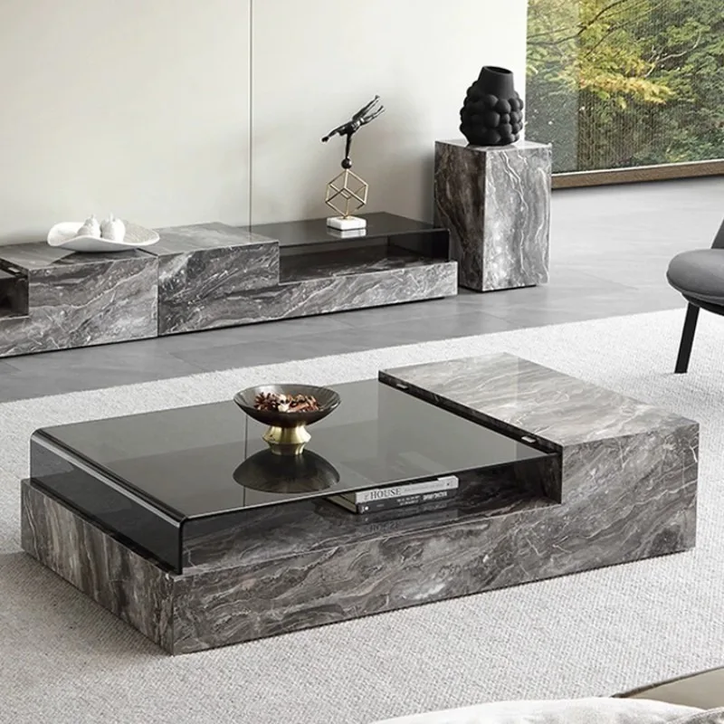 rock slab coffee table TV cabinet combination light luxury large and small apartment living room rectangular glass coffee table
