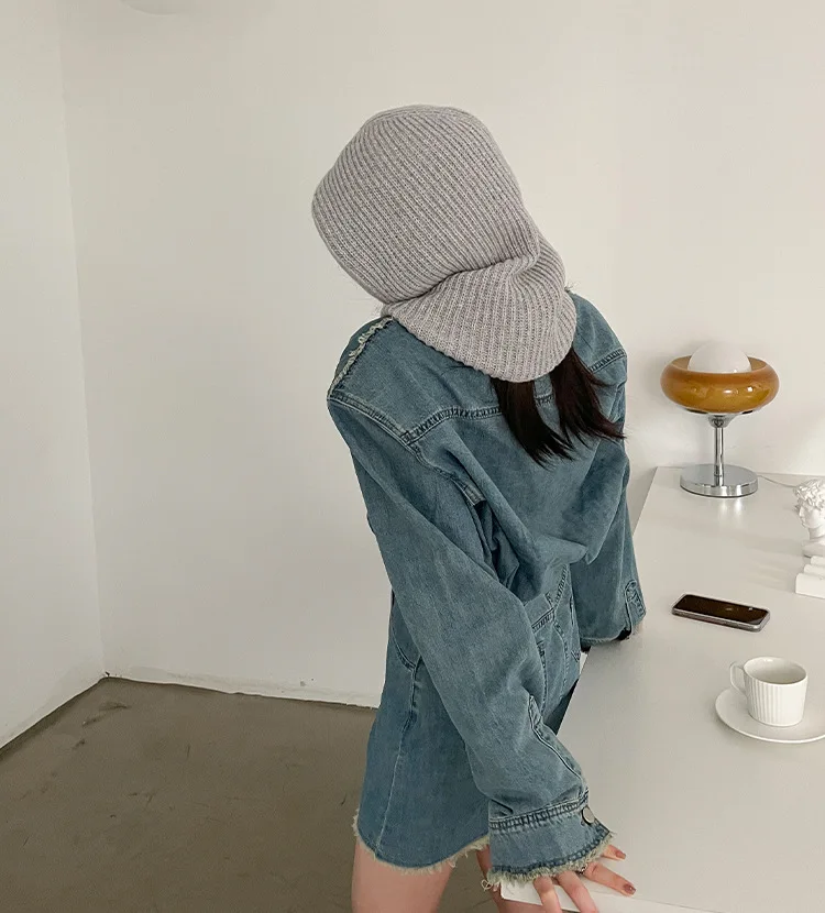 Winter-Damenhüte, Unisex, gestrickt, mit Kapuze, Halskragen, Mütze, Beanie für Männer und Frauen, einteilige Hüte mit Kordelzug, wärmende Sturmhaube – Detail 11