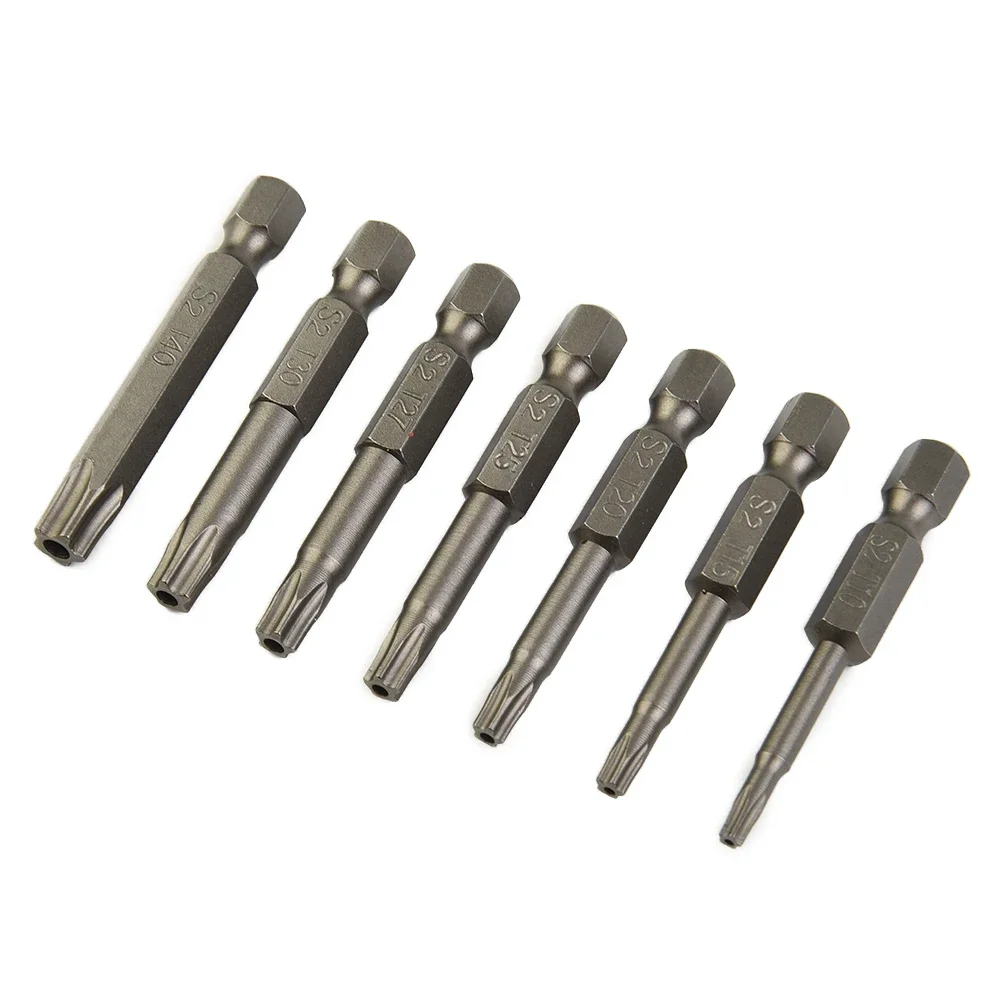 

7Pcs 50mm 1/4" Hex Shank Five-point Magnetic Torx Screwdriver Bits T10/T15/T20/T25/T27/T30/T40 Nutdrivers Tools