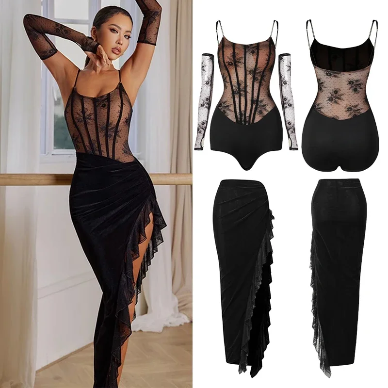 

Women Latin Dance Performance Clothes Black Lace Tops High Slit Skirt Tango Rumba Dance Competition Dress Practice Wear DNV19728