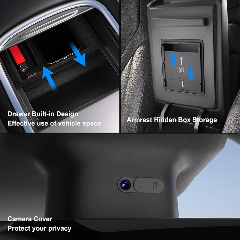 Boîte de Rangement pour Placements Modèle Y 2021-2024, Plateaux de Console Centrale, Couverture de Webcam, Highland 2024