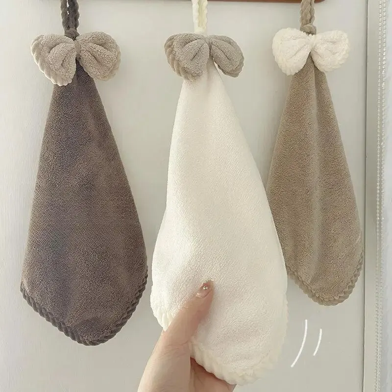 Hand Wiping Cute Bow Hanging Coral Fleece Hand Towel Bathroom Absorbent Small Towel CHILDREN\'S Home Quick Drying