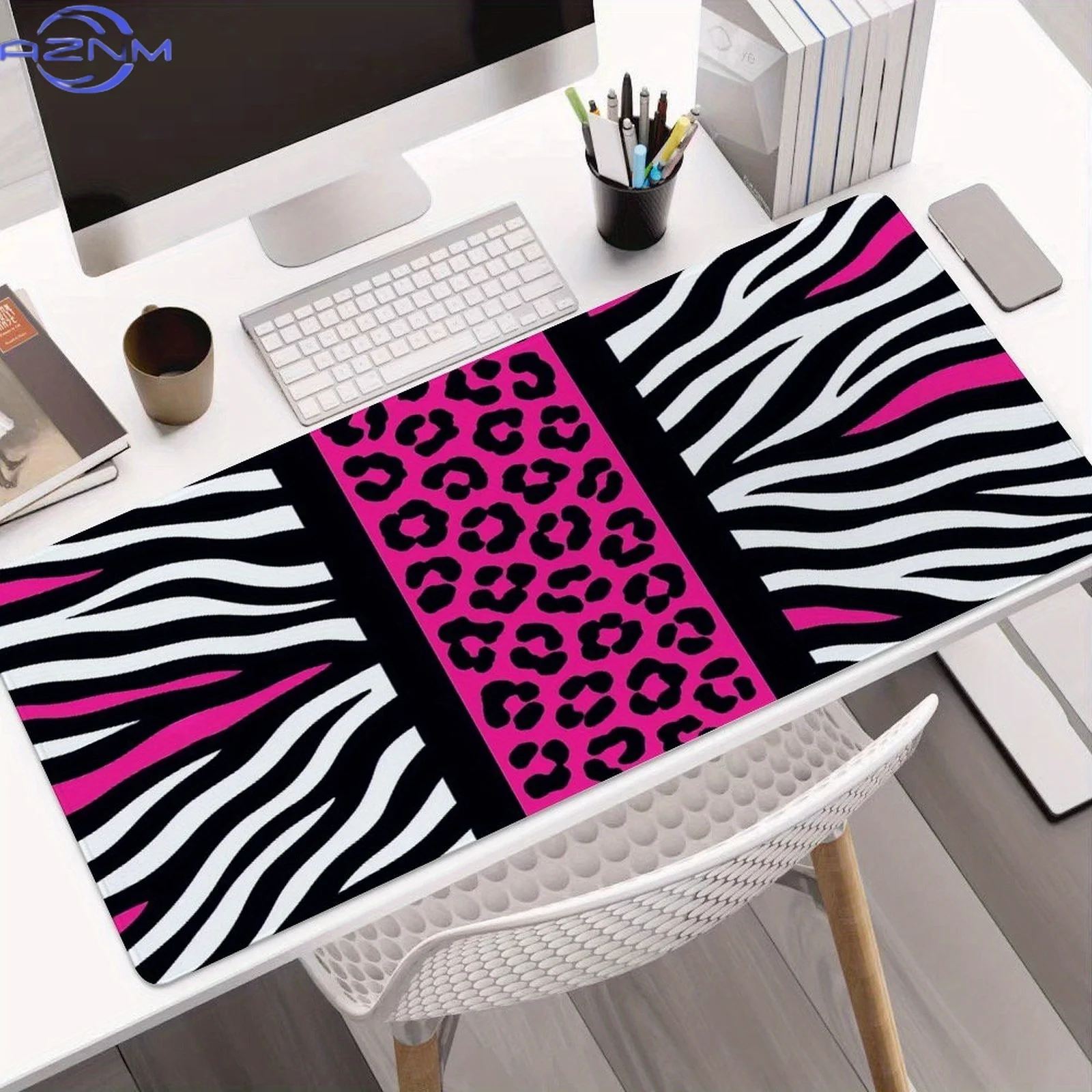 Large Zebra & Leopard Print Desk Mat - Pink Black White Zebra Stripe & Leopard Spot Non-Slip Rubber Base, Polyester Surface Gami