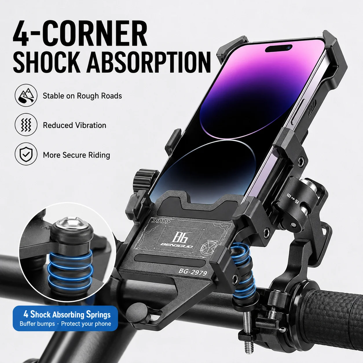 BENGGUO Aluminum Alloy Bike Phone Holder One-Key Lock Anti-Shock 360° Rotation Handlebar Mount for MTB Road Bicycle E-Bike