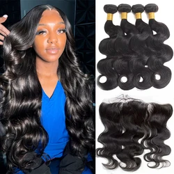 28 30 Inch Body Wave Bundles With Lace Frontal Brazilian Double Drawn 100% Raw Human Hair Bundles with Closure Frontal 13x4 Lace