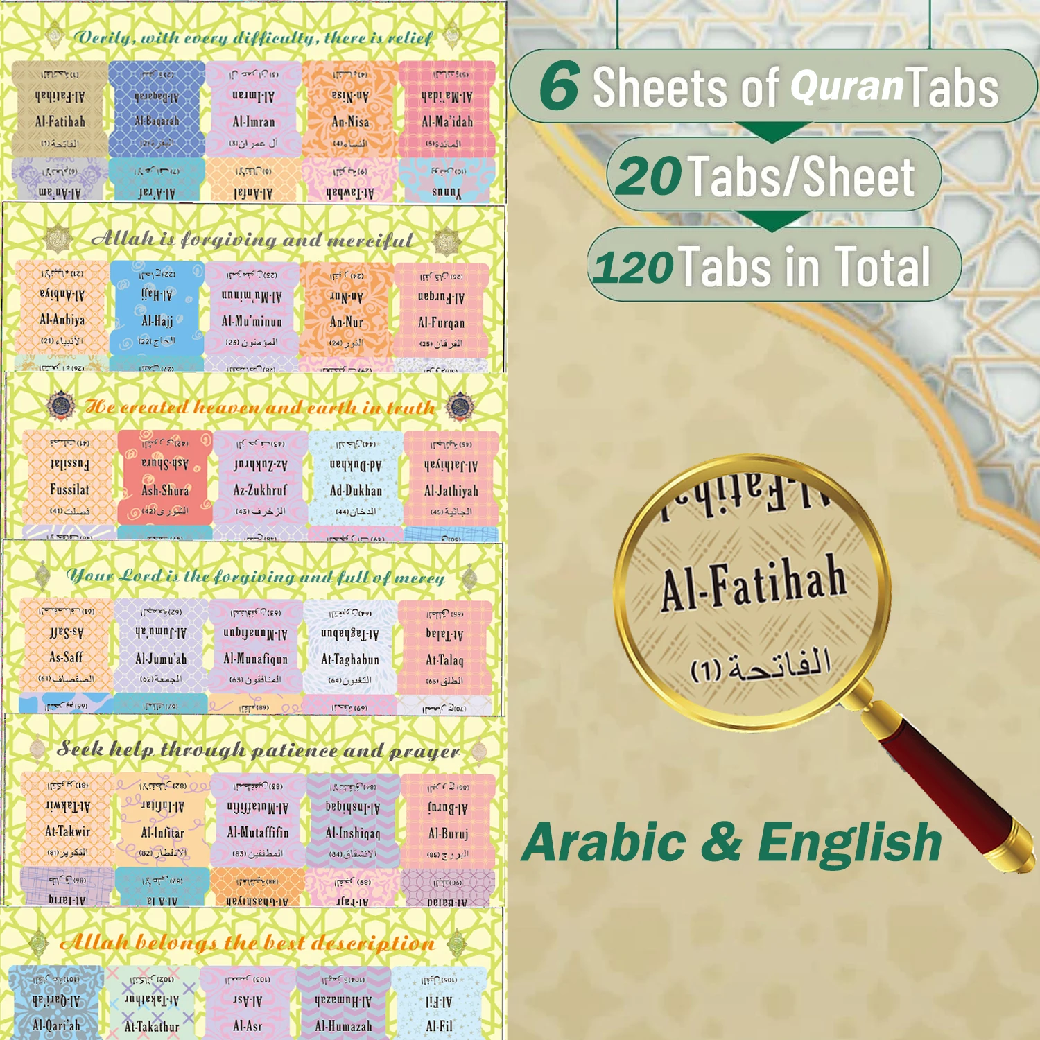 120 علامة تبويب للقرآن الكريم، علامات تبويب سورح القرآن (الإنجليزية والعربية) 114 فصلًا و6 علامات تبويب فارغة، مغلفة، علامات تبويب كتب القرآن الكريم، هدايا إسلامية