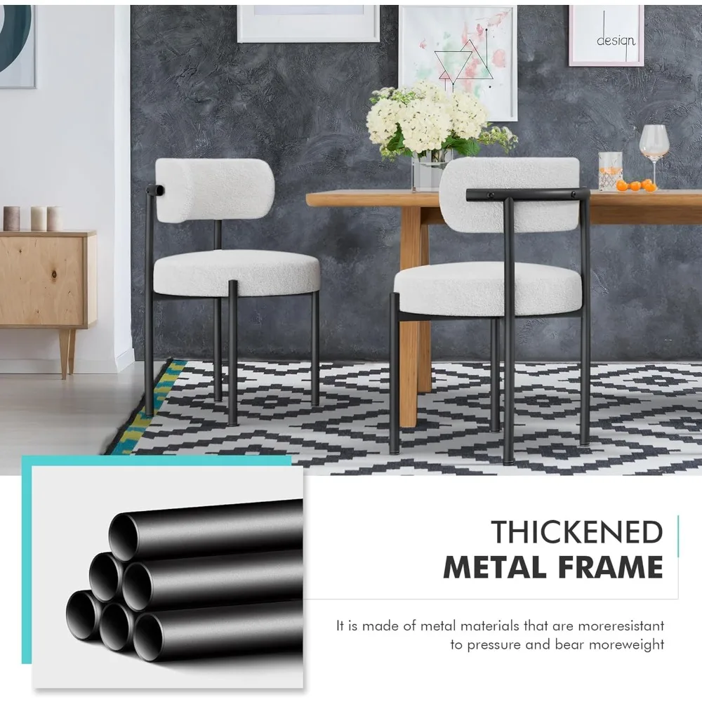 Boucle Dining Chairs Set of 4, White Mid Century Morden Chair with Curved Backrest, Round Upholstered Sherpa with Metal Legs, Su